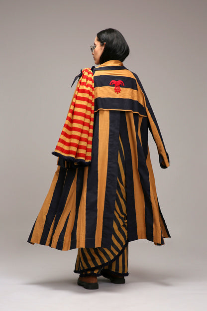 Tan-Brown Corset with Trench Jacket & Dual Striped Saree Set (3 PCS)