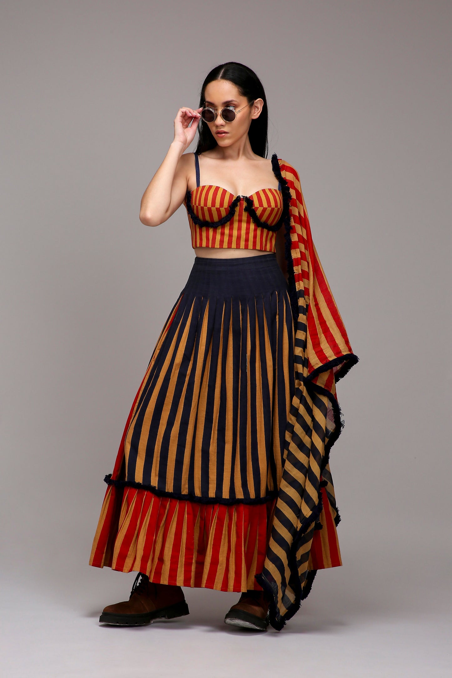Tan-Brown Corset Dual Striped Stole Skirt Set (3 PCS)