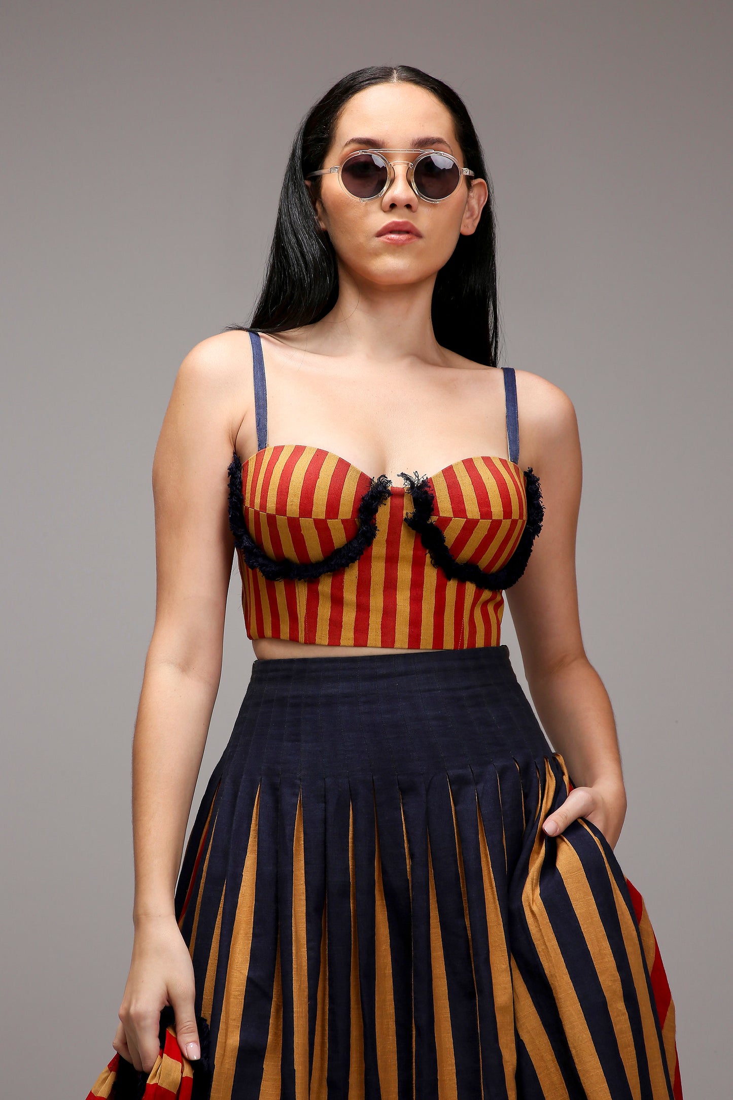 Tan-Brown Corset Dual Striped Stole Skirt Set (3 PCS)