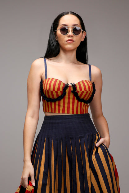 Tan-Brown Corset Dual Striped Stole Skirt Set (3 PCS)