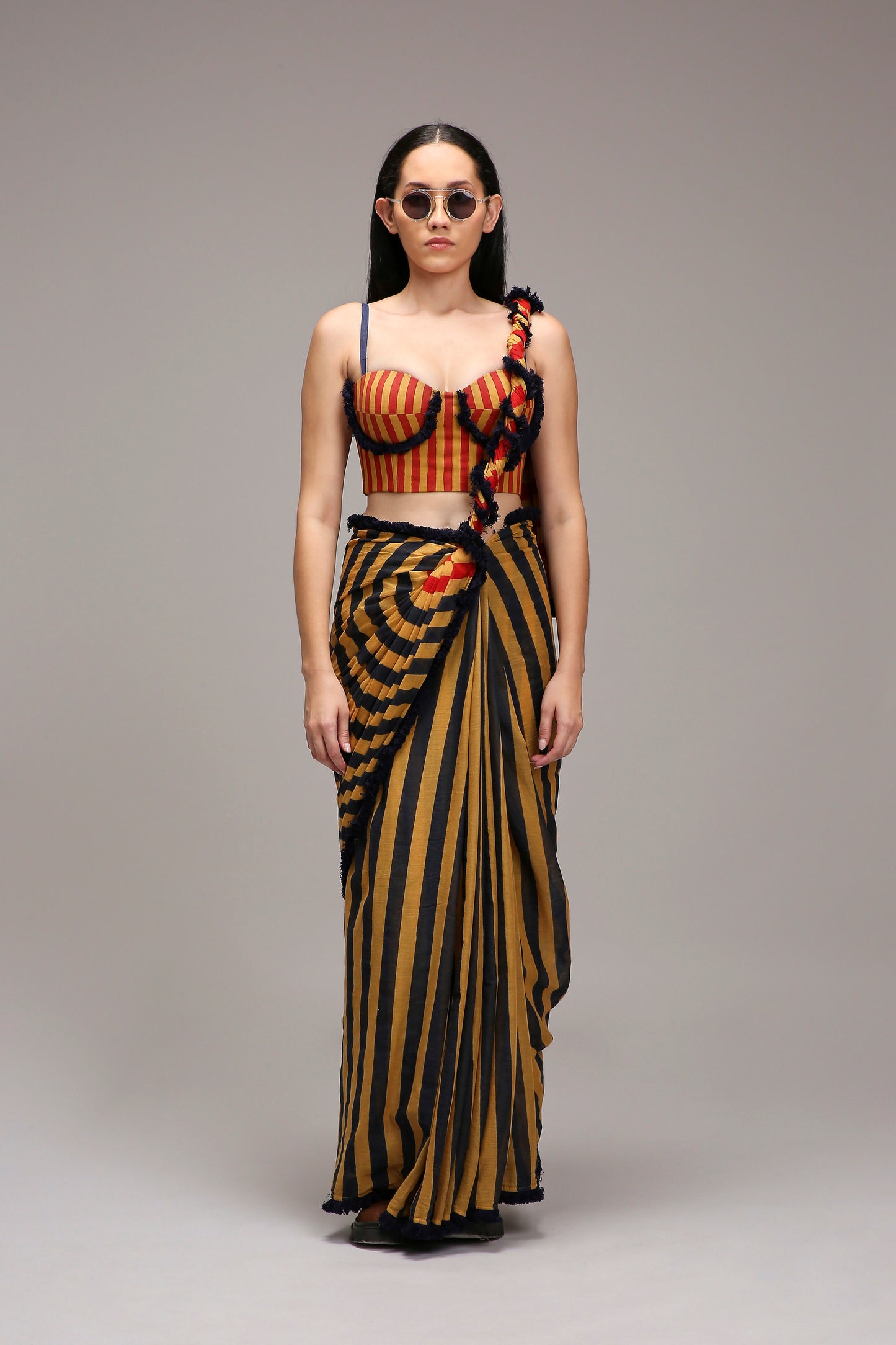 Tan-Brown Corset & Dual Striped Saree Set (2 PCS)