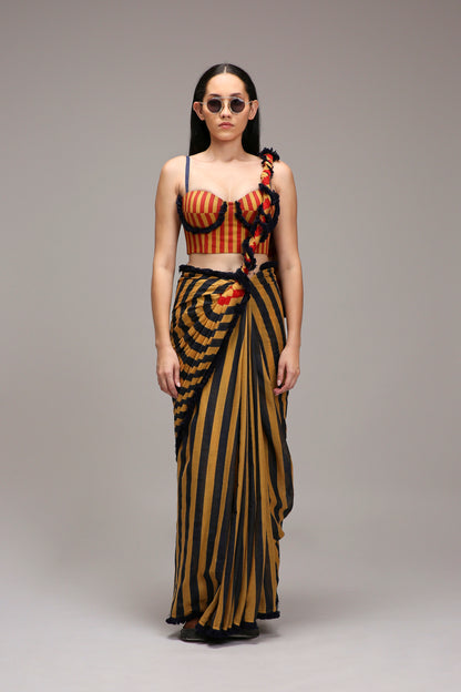 Tan-Brown Corset & Dual Striped Saree Set (2 PCS)