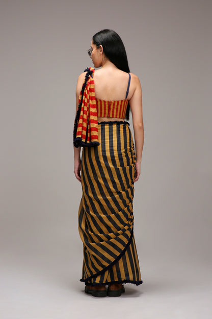 Tan-Brown Corset & Dual Striped Saree Set (2 PCS)