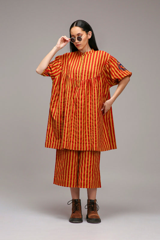 Tan-Brown Red Striped Short Acra Tunic Set (2 PCS)
