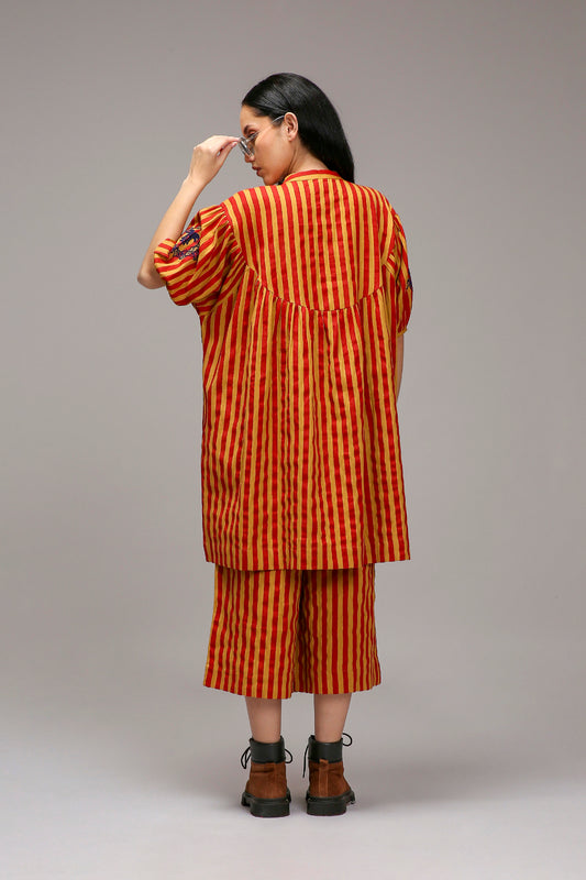 Tan-Brown Red Striped Short Acra Tunic Set (2 PCS)