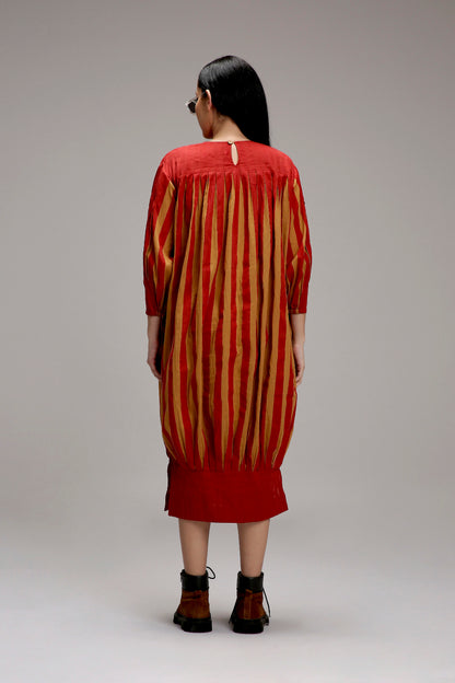 Tan-Brown Red Striped Balloon Dress