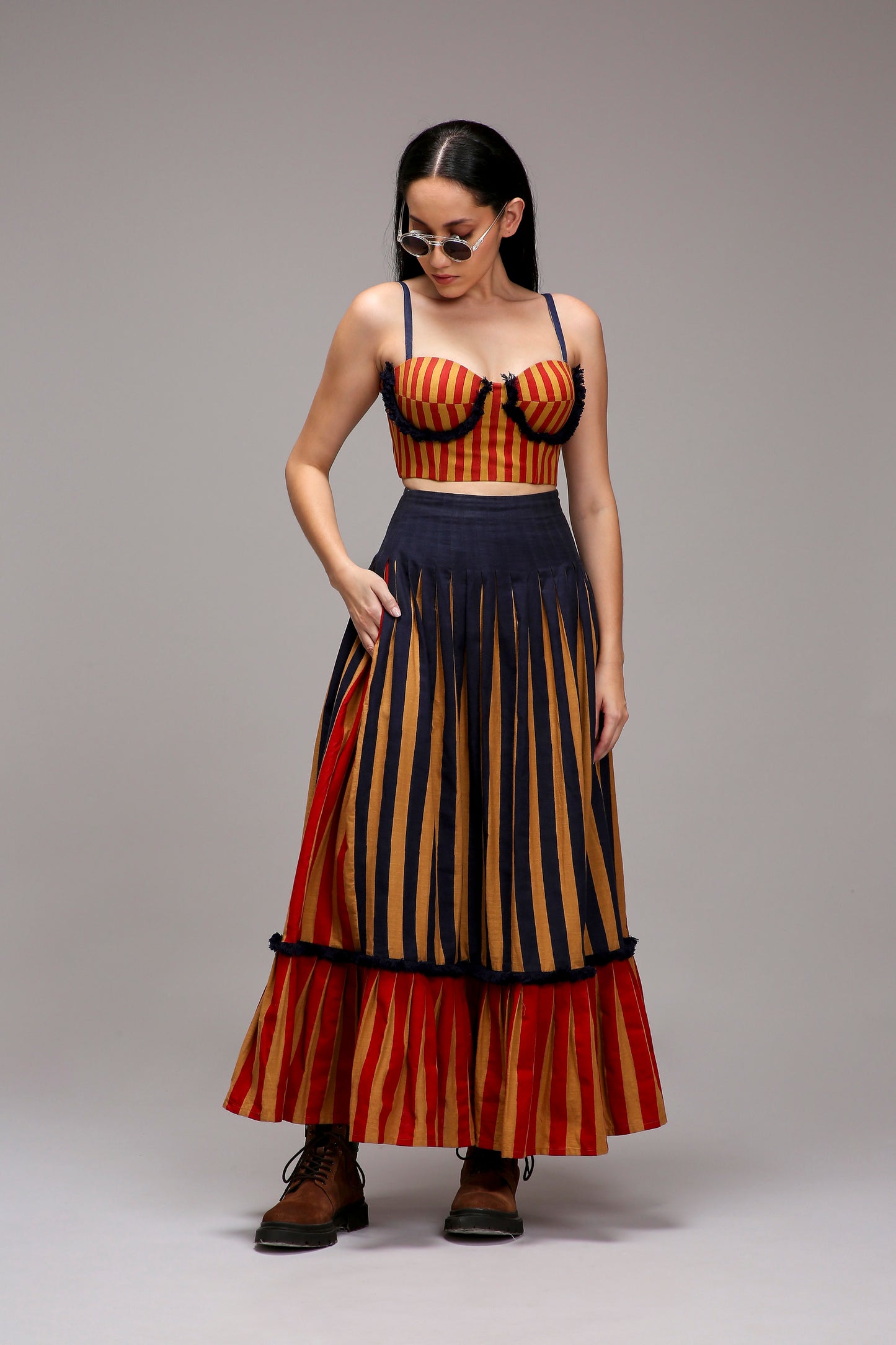 Tan-Brown Red Striped Fringed Corset