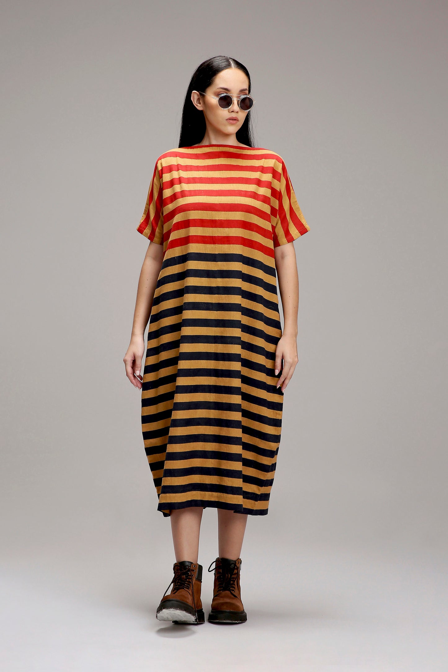 Tan-Brown Red & Blue Dual Striped Dress