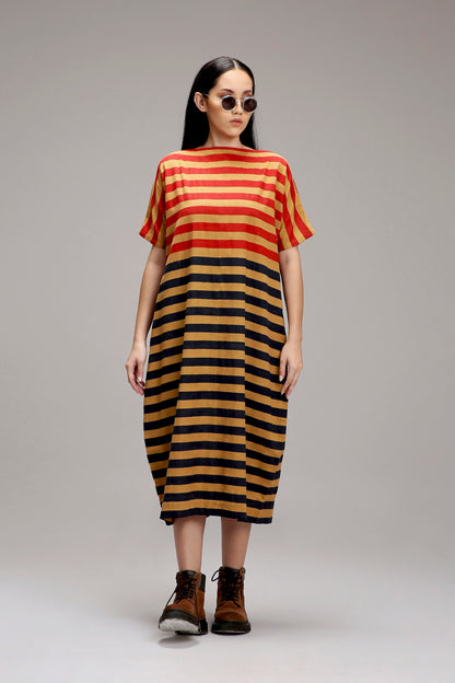 Tan-Brown Red & Blue Dual Striped Dress