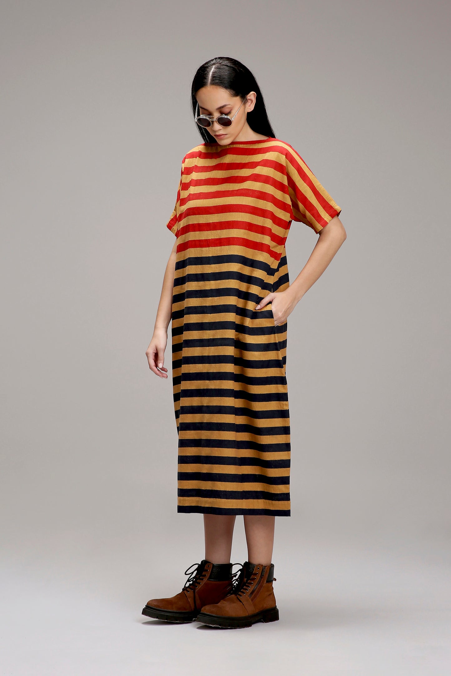 Tan-Brown Red & Blue Dual Striped Dress