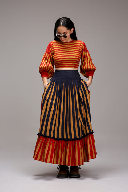 Tan-Brown Striped Crop Top & Skirt Set (2 PCS)