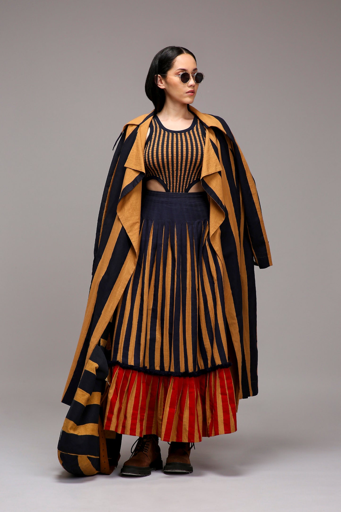 Tan-Brown Trench Bodysuit Dual Striped Skirt Set (3 PCS)