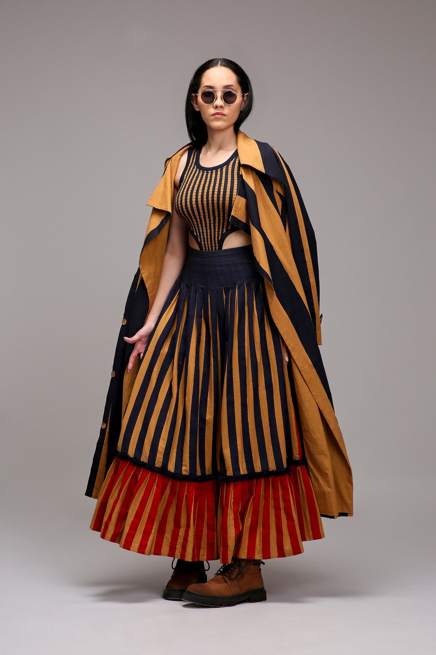 Tan-Brown Trench Bodysuit Dual Striped Skirt Set (3 PCS)