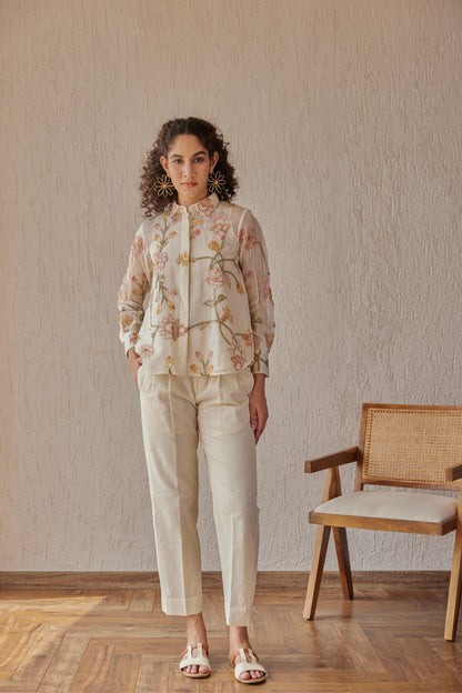 Tess Shirt White Stripe Chanderi With Peach Embroidery