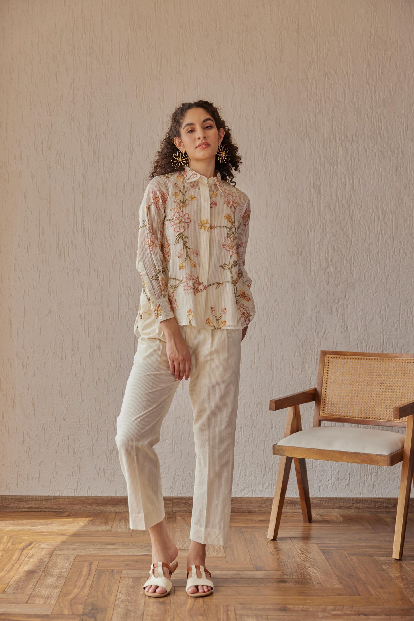 Tess Shirt White Stripe Chanderi With Peach Embroidery