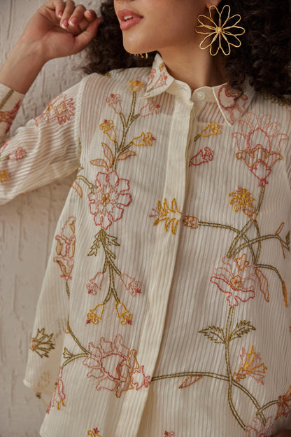 Tess Shirt White Stripe Chanderi With Peach Embroidery