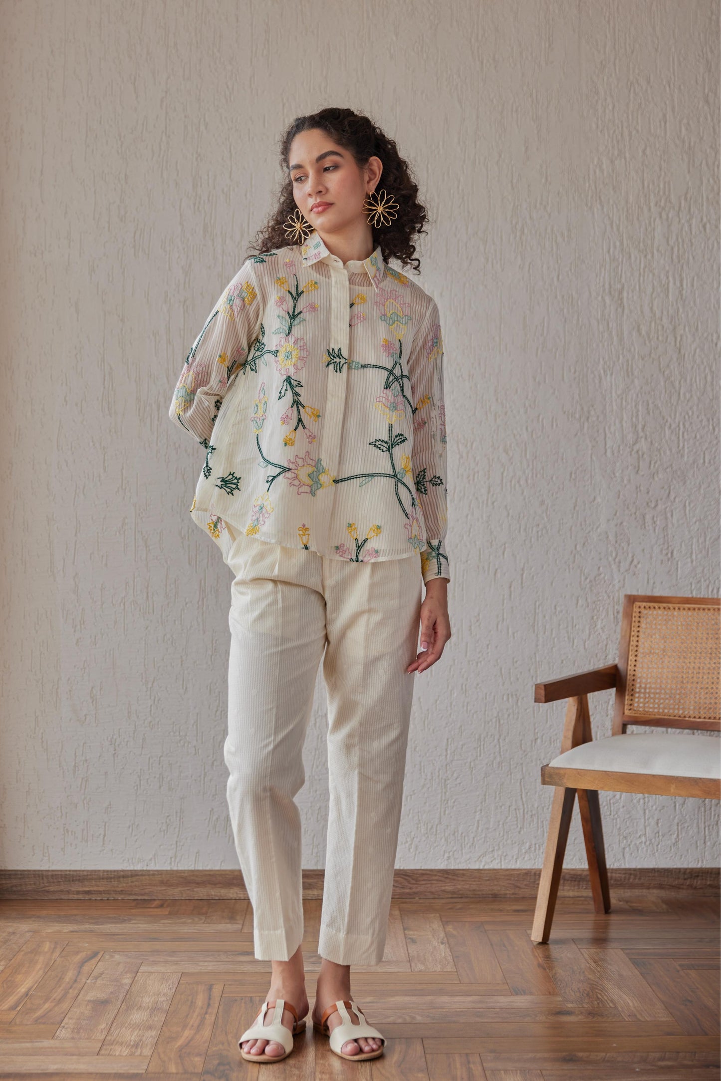 Tess Shirt White Stripe Chanderi With Yellow Embroidery