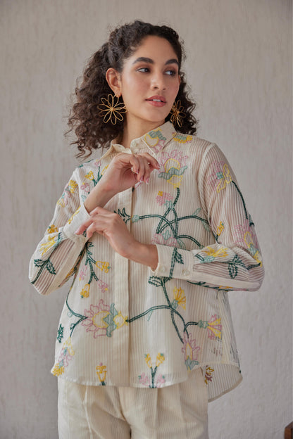 Tess Shirt White Stripe Chanderi With Yellow Embroidery