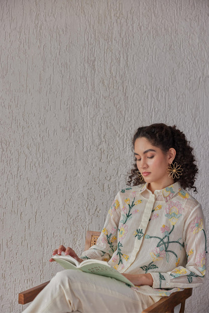 Tess Shirt White Stripe Chanderi With Yellow Embroidery