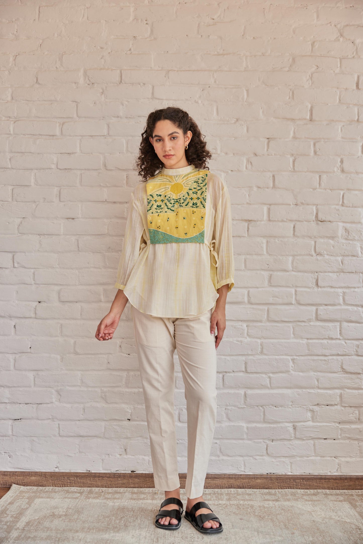 Grace Top White Plain Chanderi With Yellow Shivori