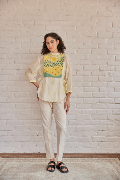 Grace Top White Plain Chanderi With Yellow Shivori