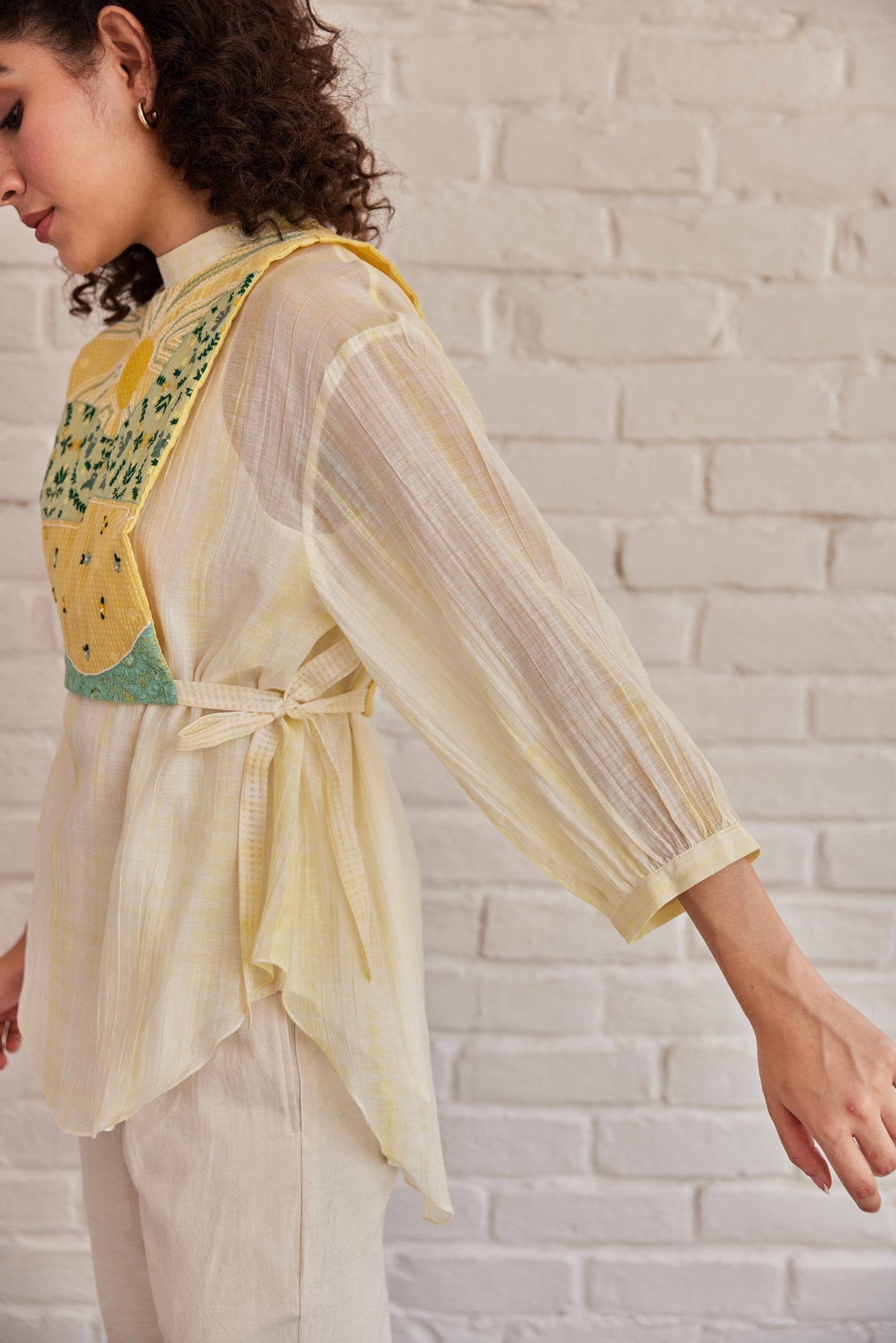 Grace Top White Plain Chanderi With Yellow Shivori