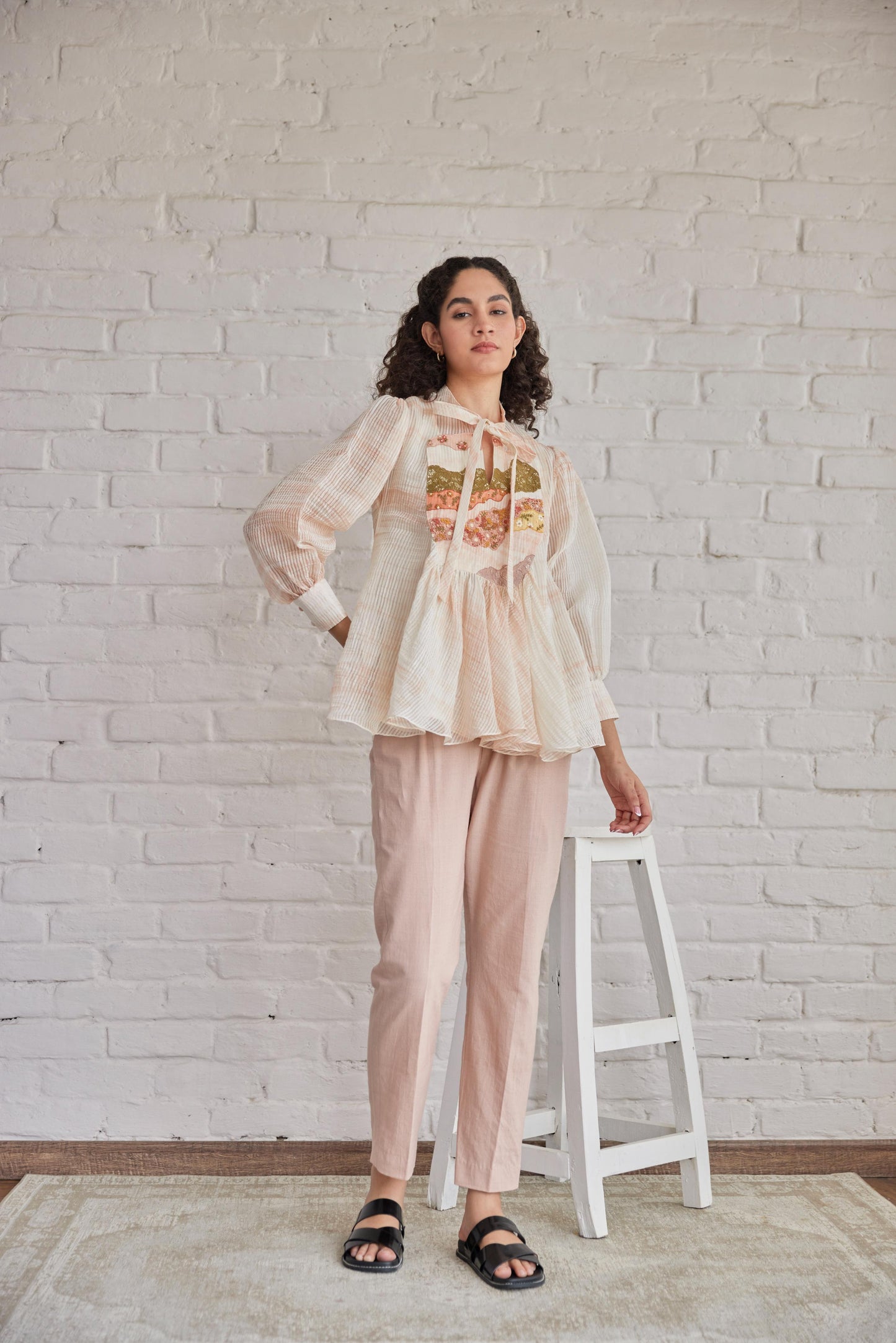 Sky Top White Stripe Chanderi With Peach Shivori