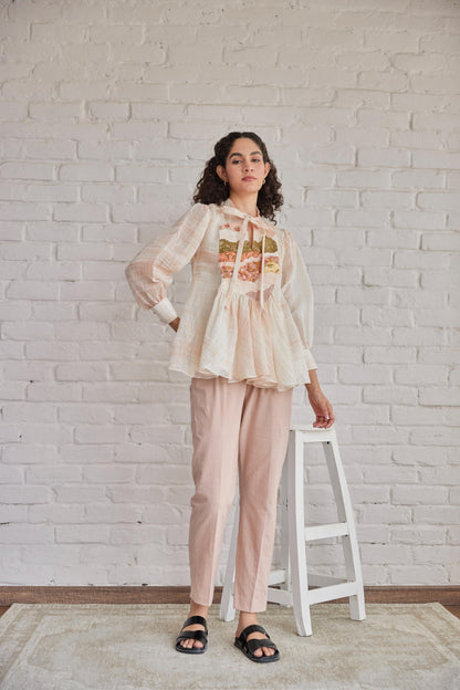 Sky Top White Stripe Chanderi With Peach Shivori