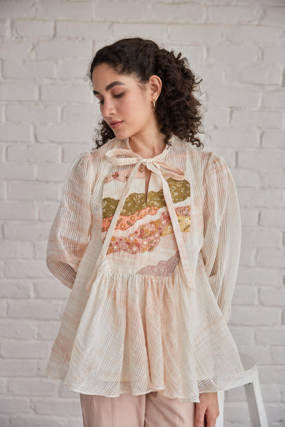 Sky Top White Stripe Chanderi With Peach Shivori