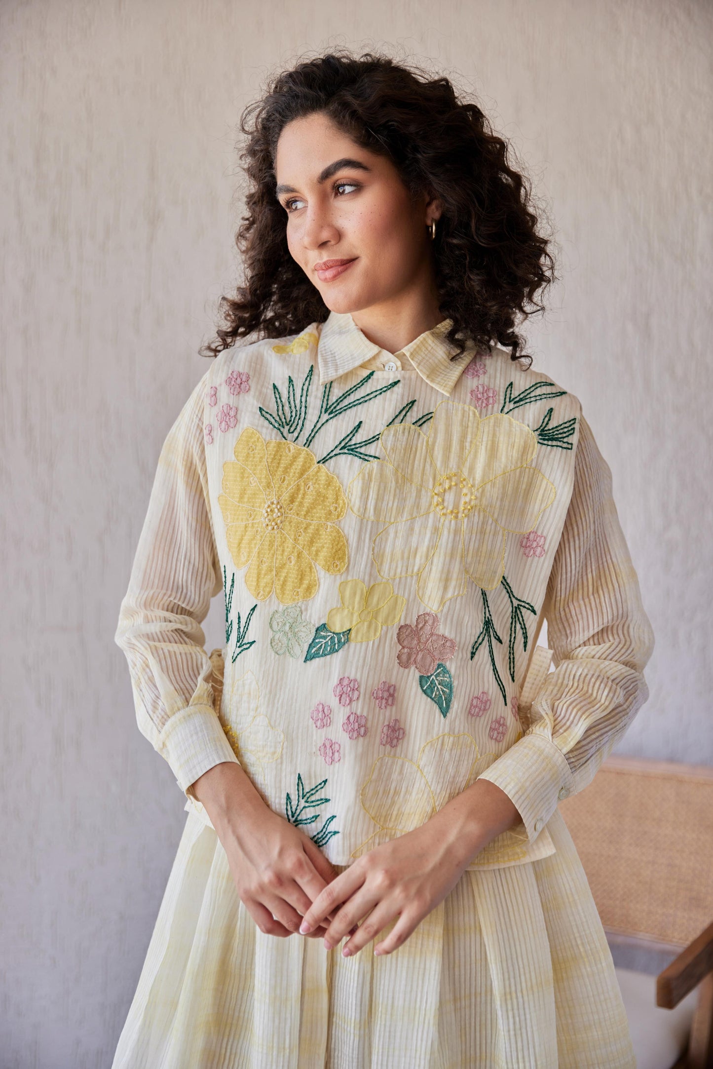 Dylan Dress White Stripe Chanderi With Yellow Shivori