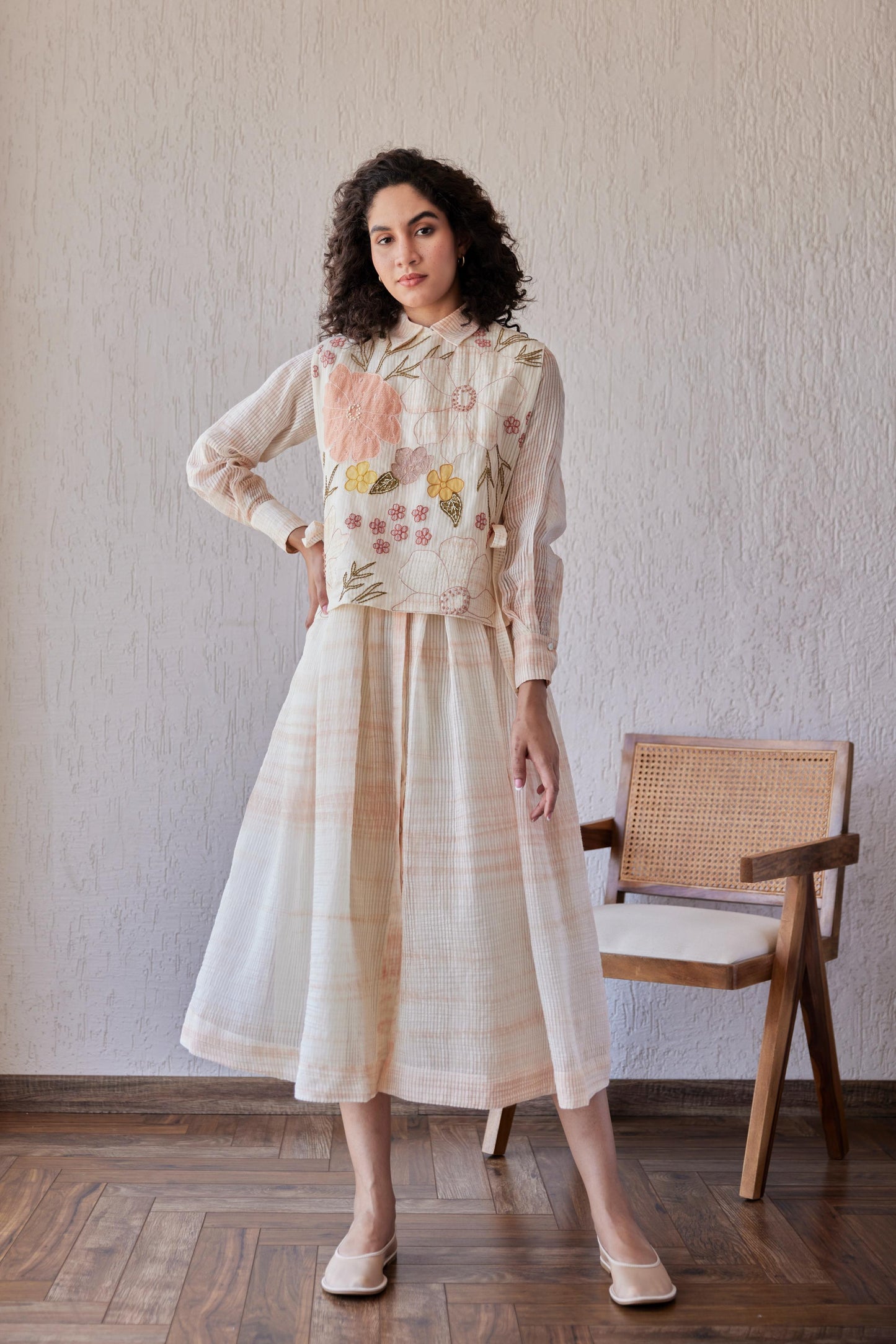 Dylan Dress White Stripe Chanderi With Peach Shivori