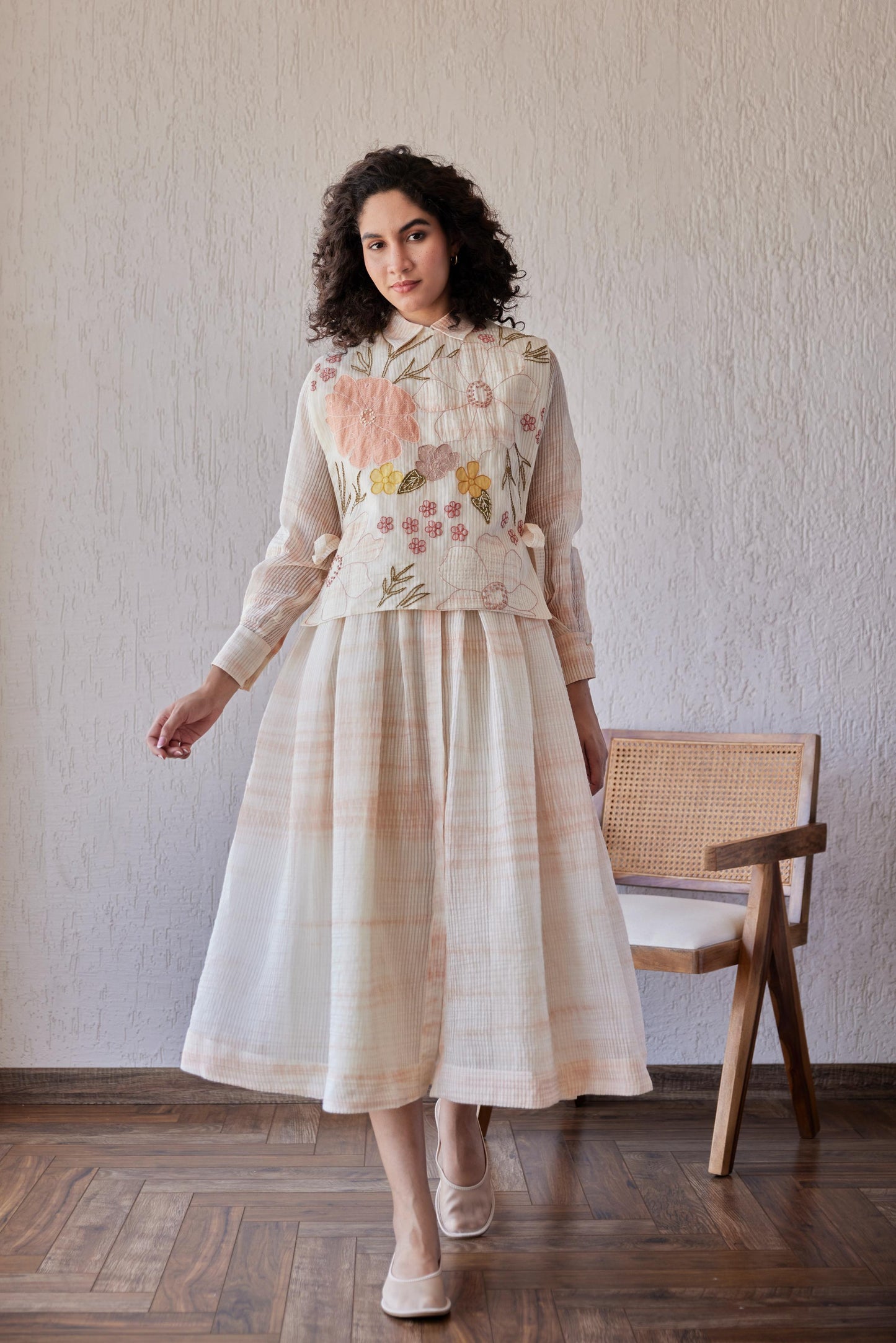 Dylan Dress White Stripe Chanderi With Peach Shivori