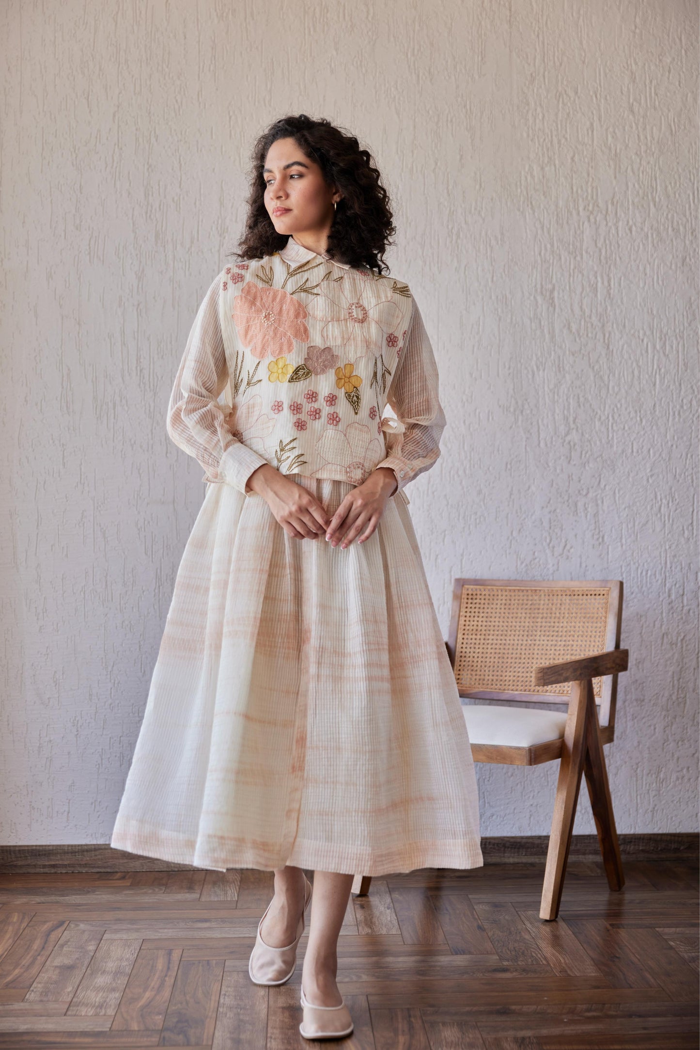 Dylan Dress White Stripe Chanderi With Peach Shivori