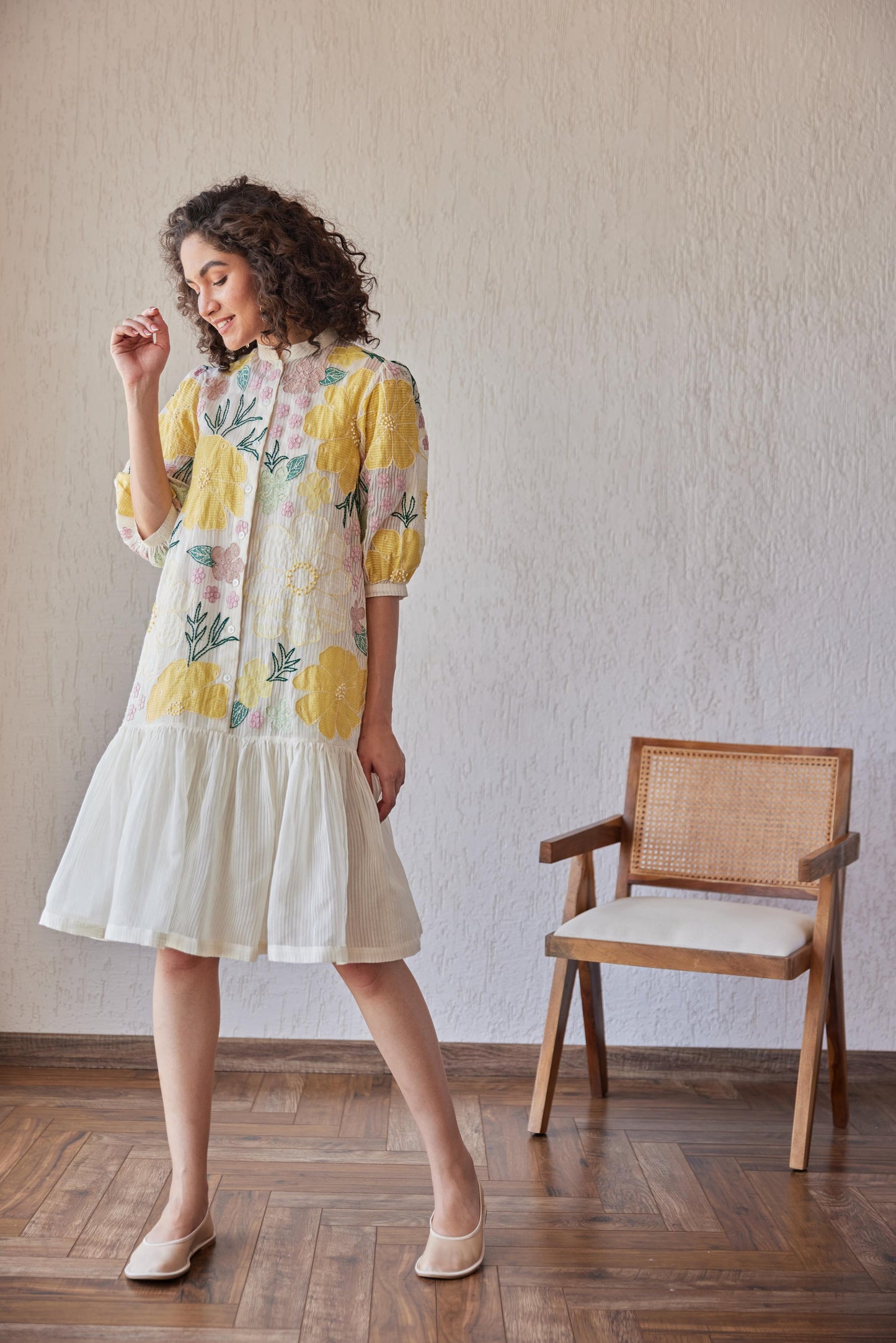 Adrian Dress White Stripe Chanderi With Yellow Embroidery