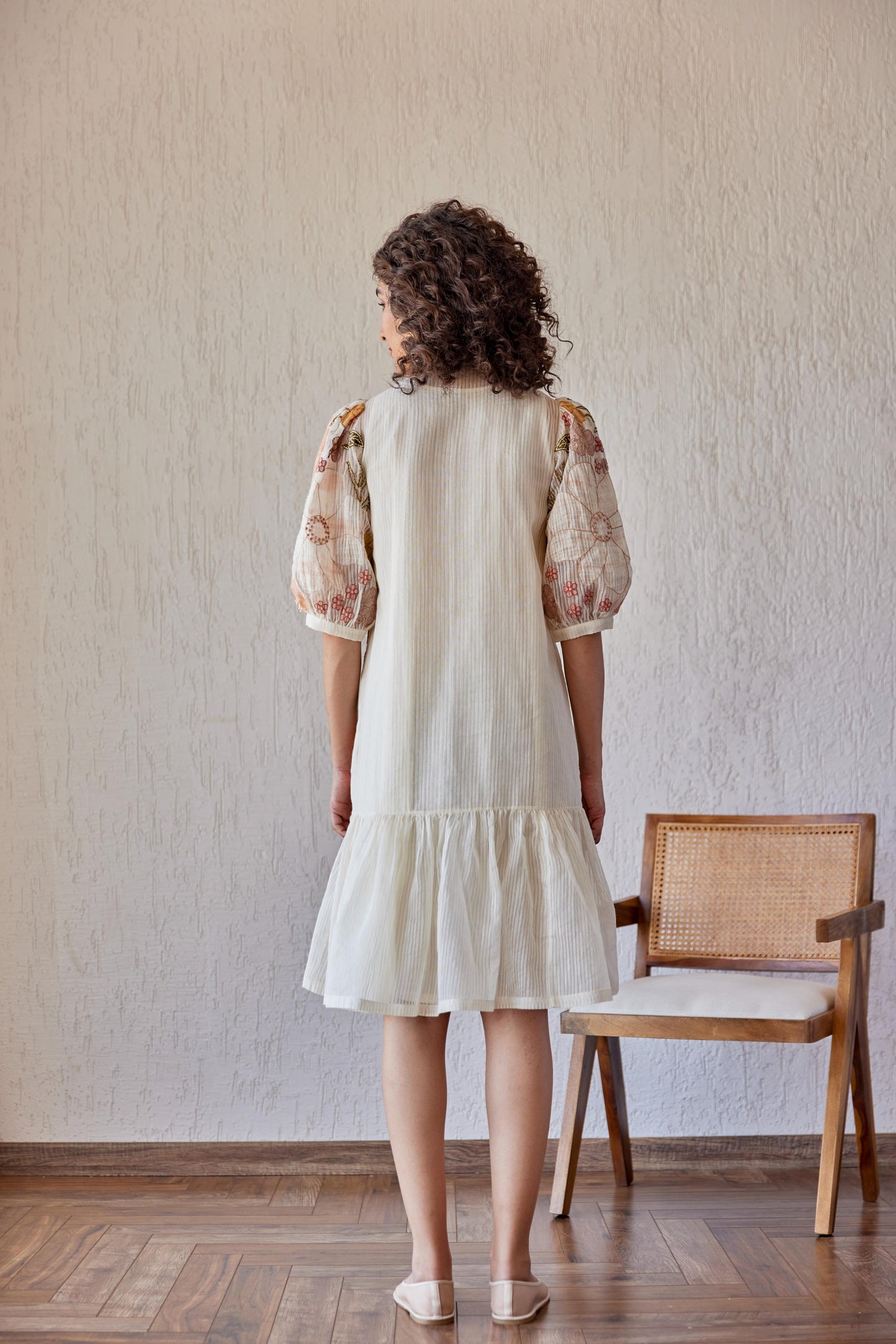 Adrian Dress White Stripe Chanderi With Peach Embroidery