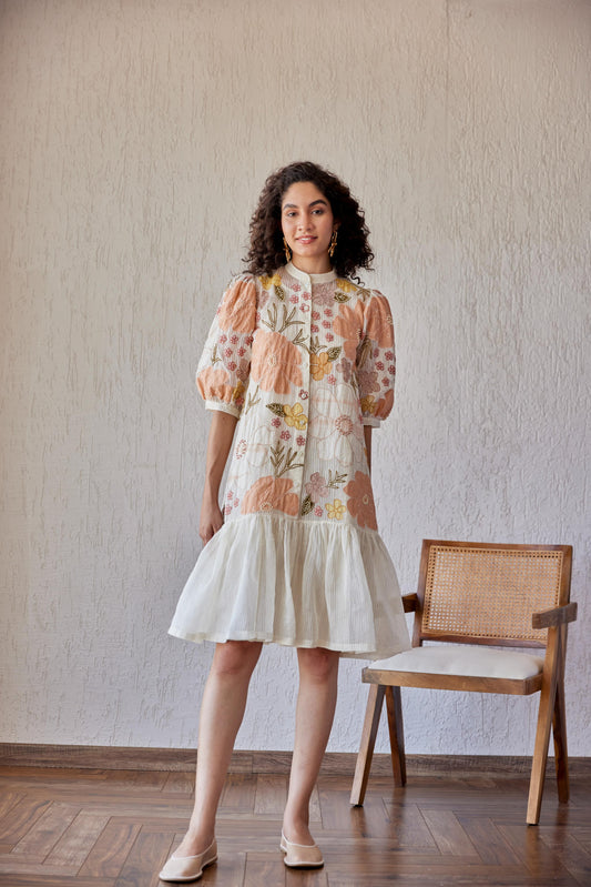 Adrian Dress White Stripe Chanderi With Peach Embroidery