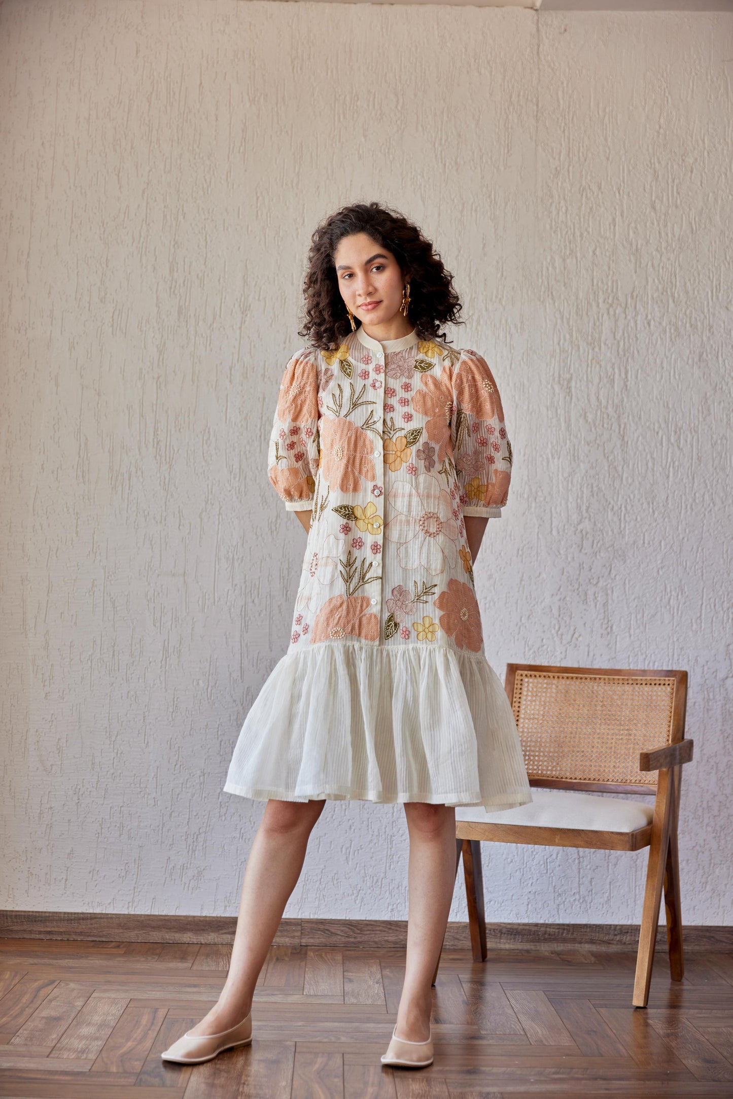 Adrian Dress White Stripe Chanderi With Peach Embroidery