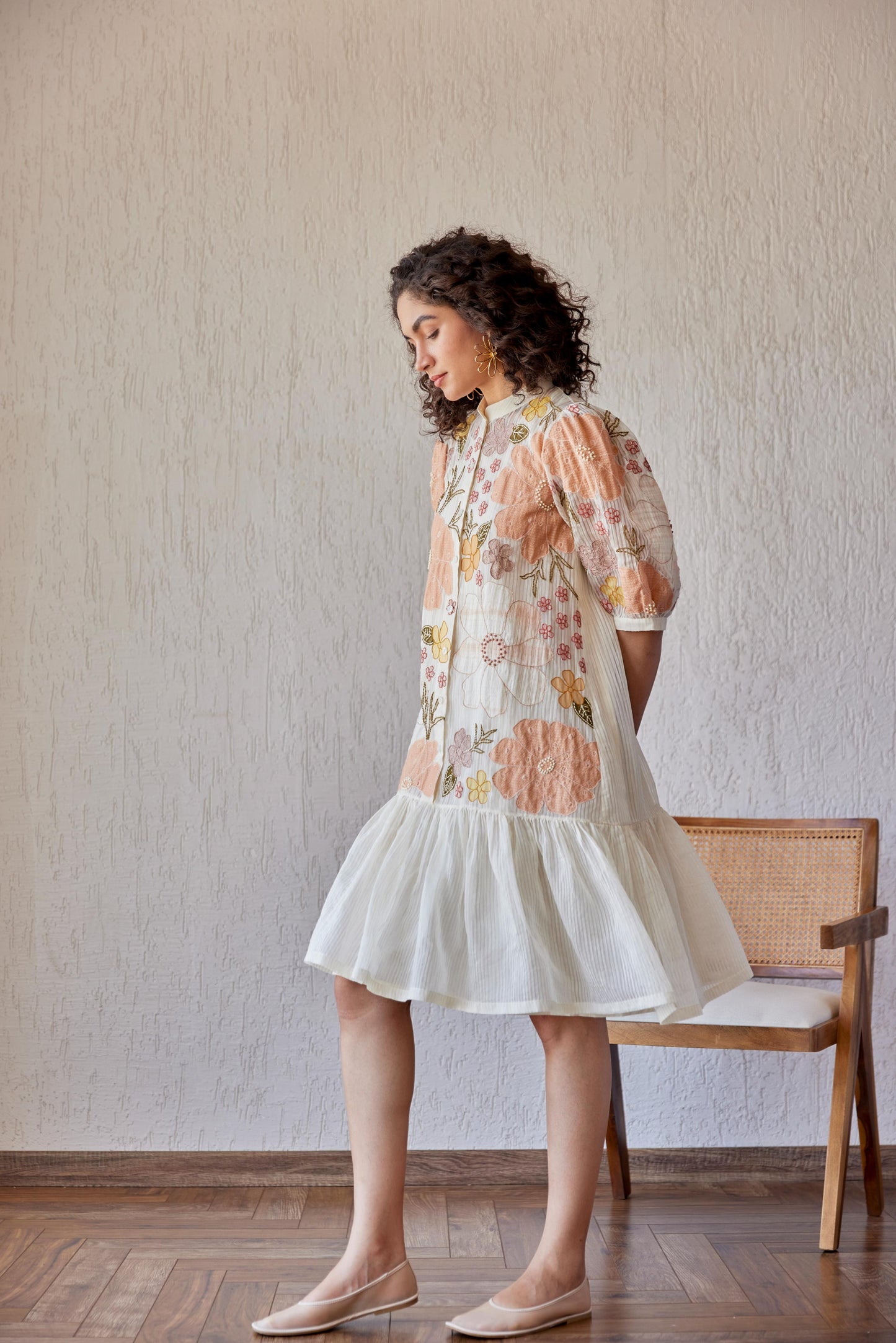 Adrian Dress White Stripe Chanderi With Peach Embroidery