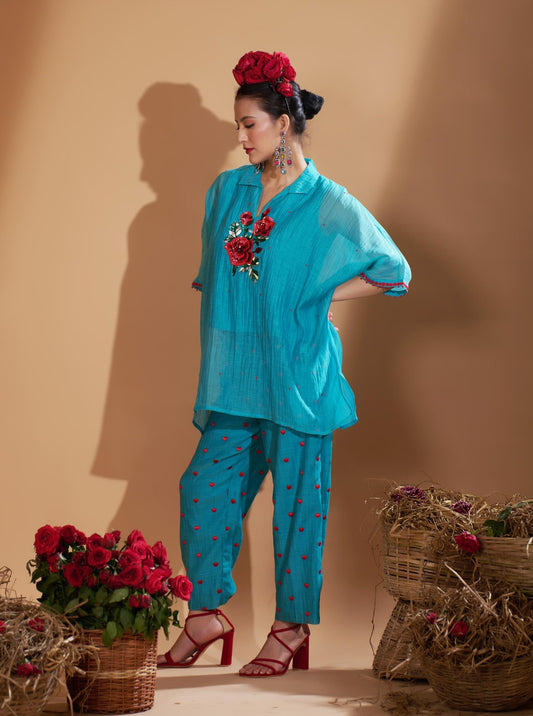 Rosy Kaftan Set (Turquoise Blue)