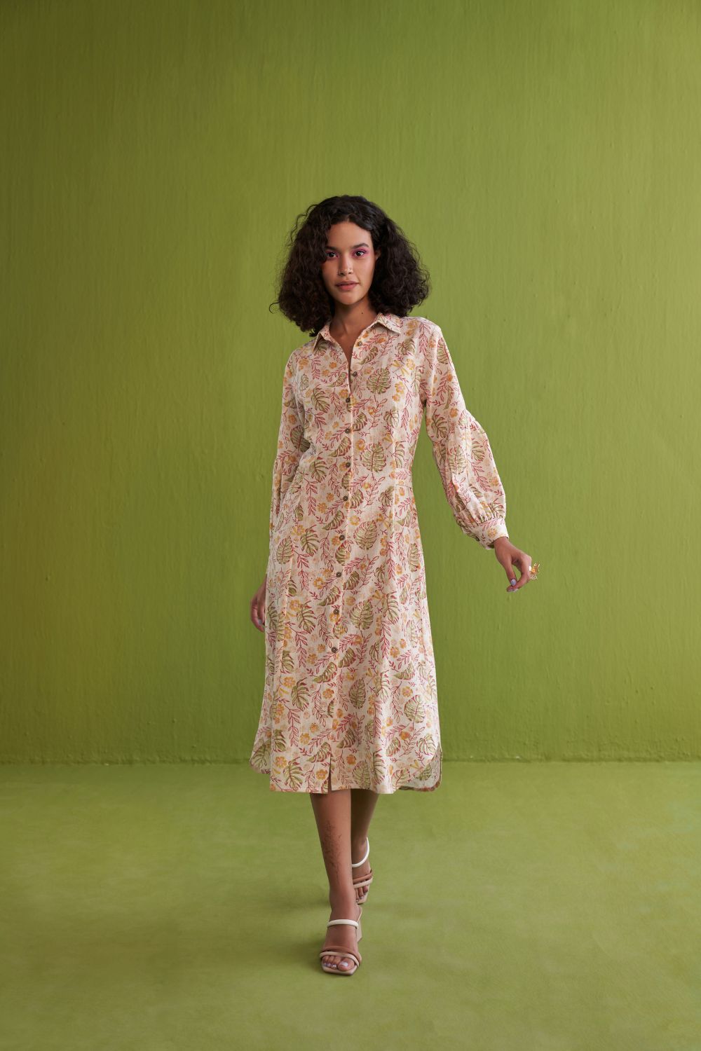 Wild Monstera Midi Shirt Handwoven Organic Cotton Dress