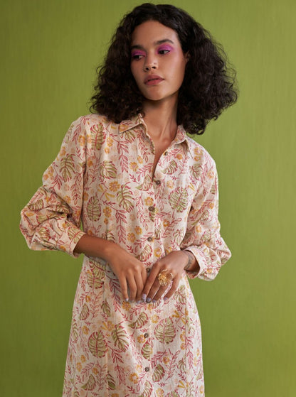 Wild Monstera Midi Shirt Handwoven Organic Cotton Dress