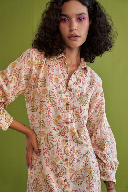 Wild Monstera Midi Shirt Handwoven Organic Cotton Dress