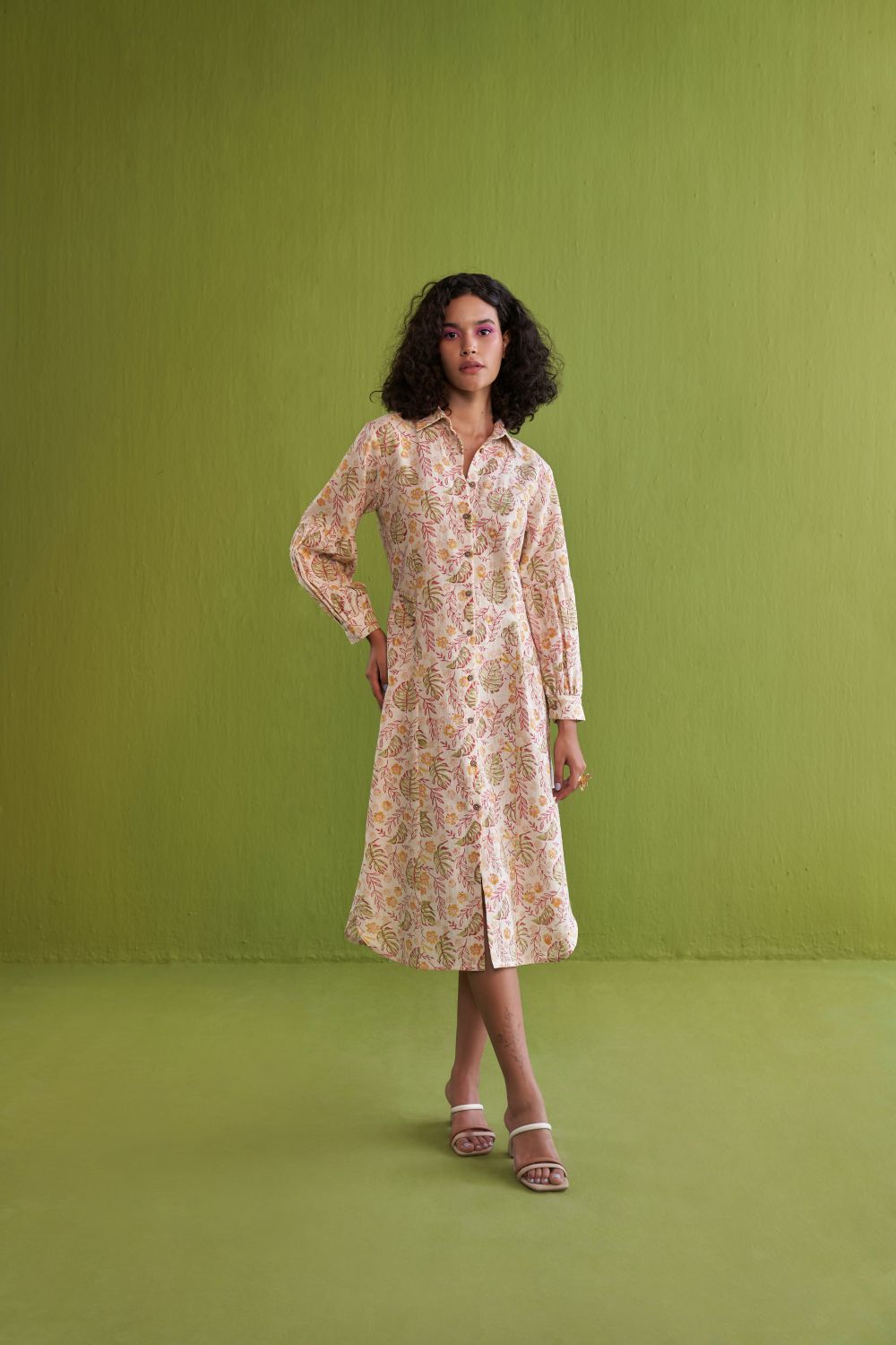 Wild Monstera Midi Shirt Handwoven Organic Cotton Dress