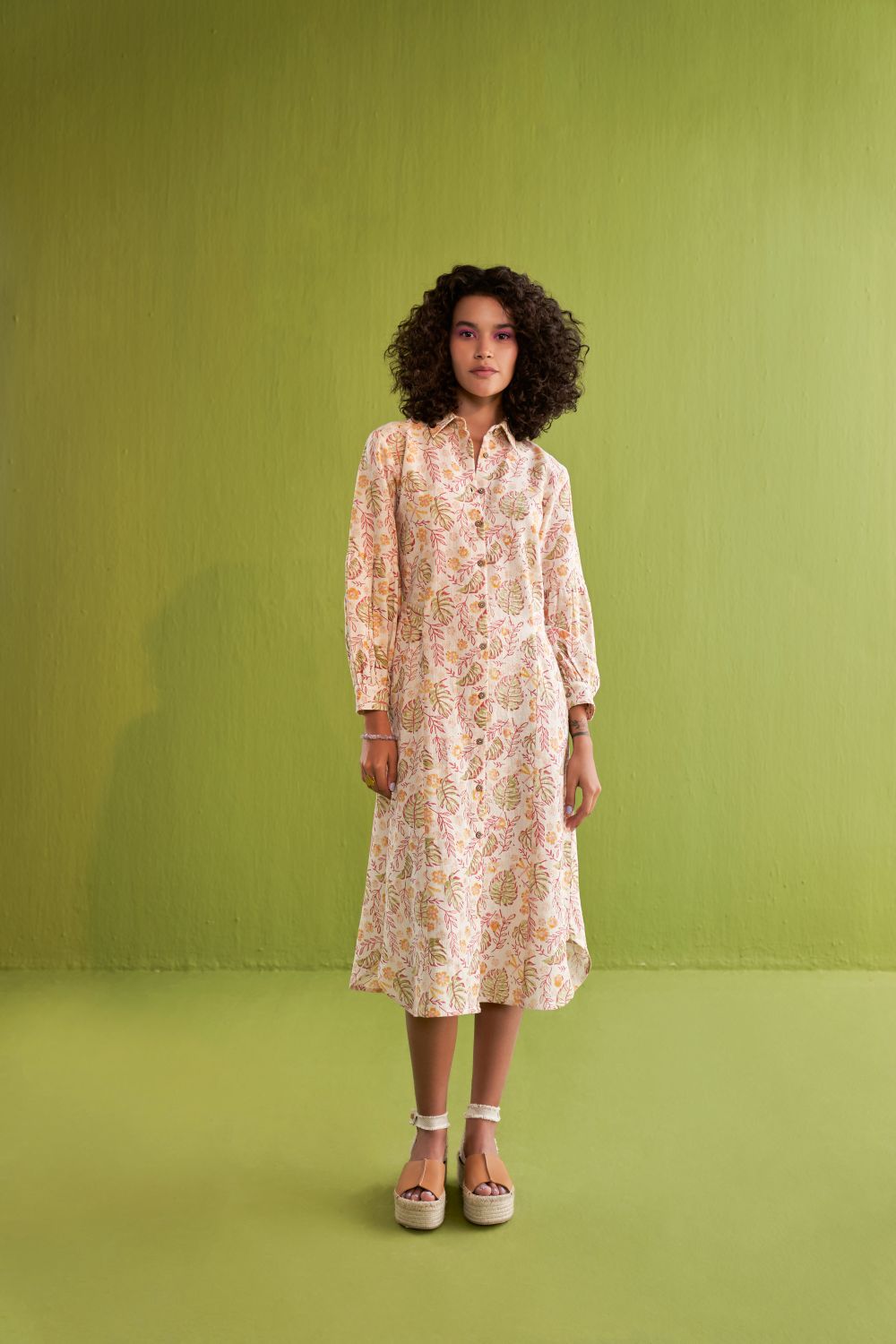 Wild Monstera Midi Shirt Handwoven Organic Cotton Dress