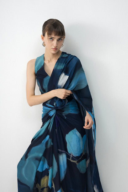 Blue Lagoon Top & Pre- Draped Saree Set