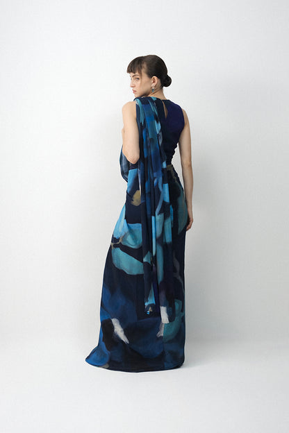 Blue Lagoon Top & Pre- Draped Saree Set