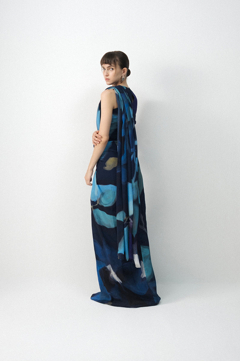 Blue Lagoon Top & Pre- Draped Saree Set