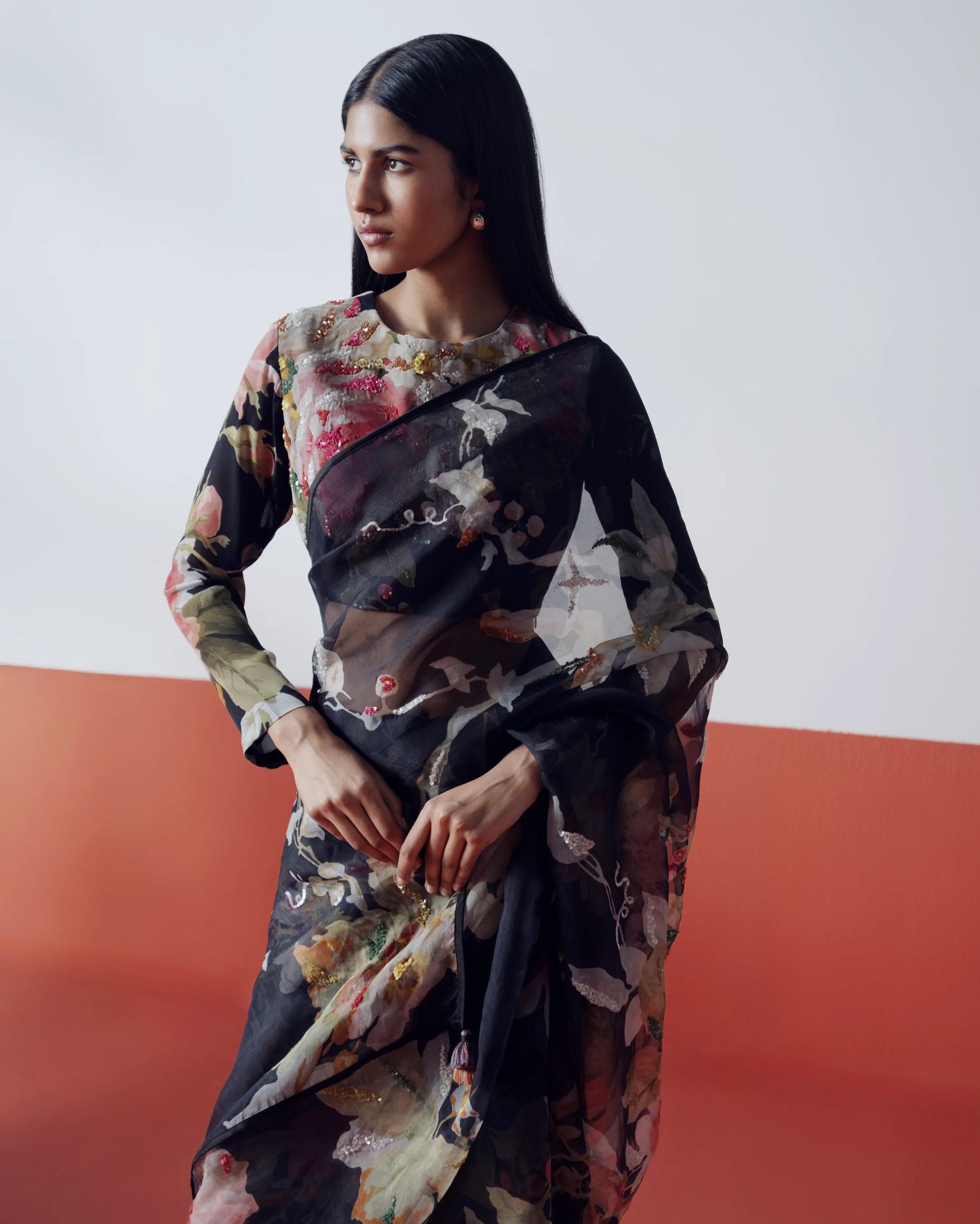 Carmine Embroidered Saree