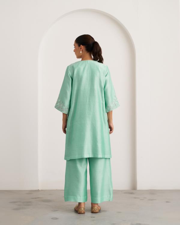 Aqua Blue Silk Chanderi Set with Handwork