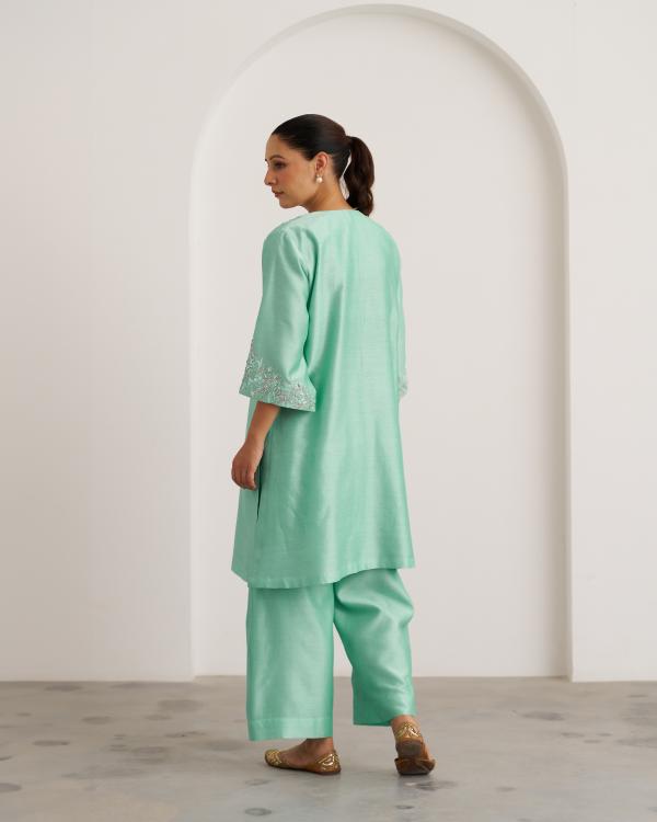 Aqua Blue Silk Chanderi Set with Handwork